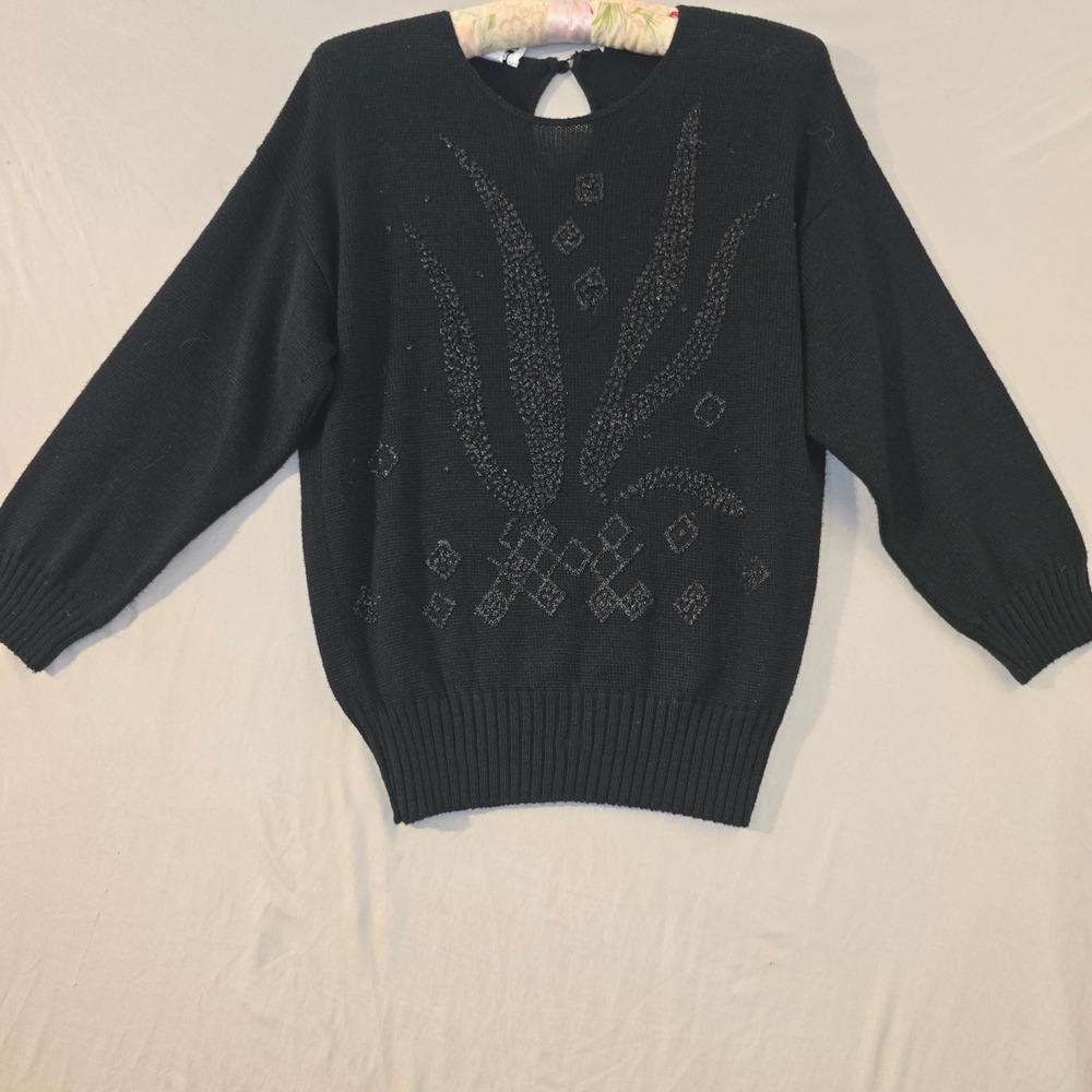 Keneth Too! Vintage Sweater Large Women Black Beaded Keyhole Back Made in USA